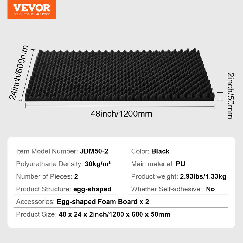 Acoustic Foam Panels 2 Pack 48 x 24 x 2 in for Studio Wall and Ceiling