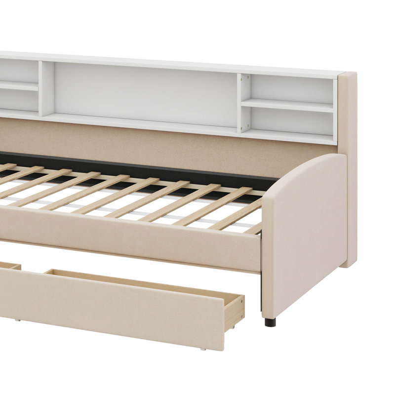 Lit plateforme simple tapissier avec tiroirs, Beige
