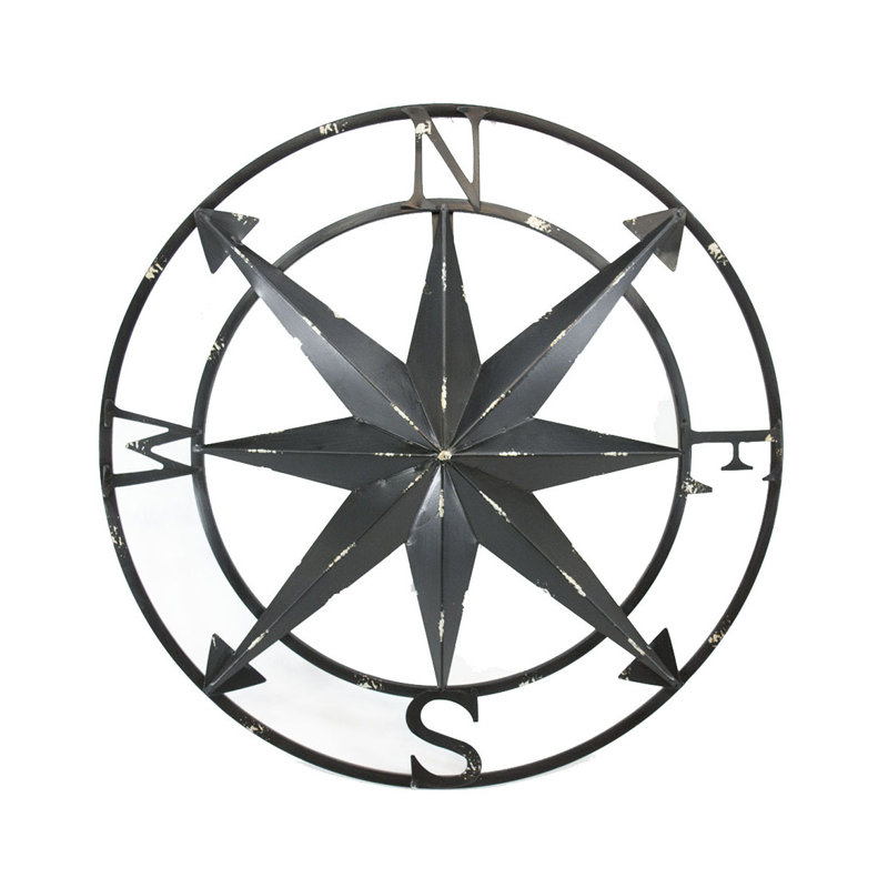 20-Inch Distressed Black Metal Nautical Compass Rose Hanging Sculpture