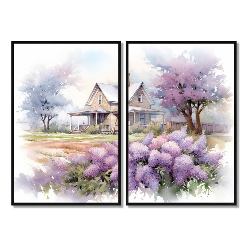 Mauve et lilas gris à la ferme - Art mural traditionnel 2 panneaux, H 36 po x l 48 po, Noir