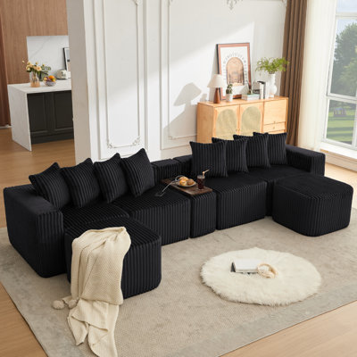 [Nouveauté] [Vidéo fournie] Canapé en U de 137,5 po, charge USB et sans fil, tableau de table basse avec porte-gobelet, canapé modulaire surdimensionné mobile, tabouret de pieds mobile, sans assemblage, 6 sièges, velours côtelé, noir