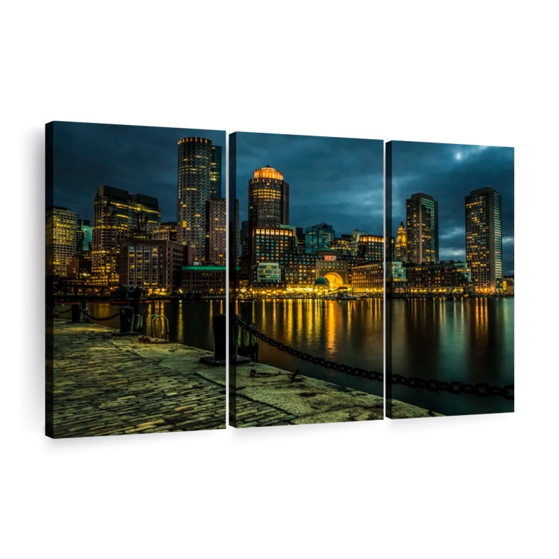 «Boston Skyline At Night», reproduction d'art sur toile, H 45 po x l 28 po x P 1,25 po