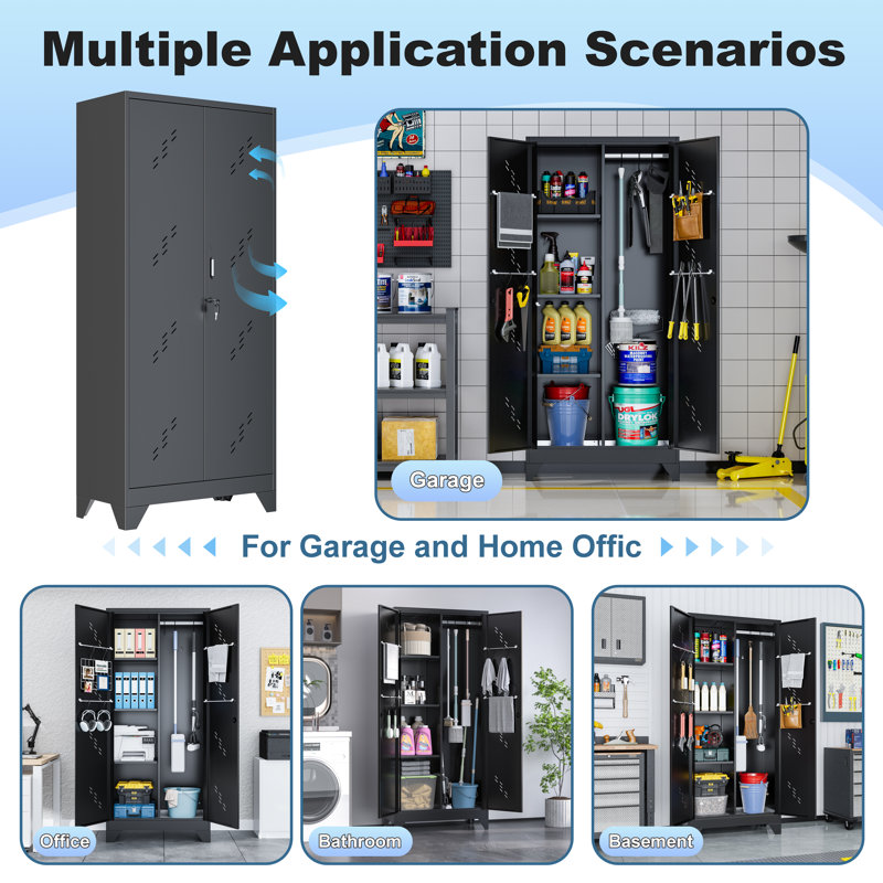 71'' Metal Storage Cabinet with Doors, Multifunctional Bathroom/Garage Lockable Steel Cabinet, Broom Closet Storage with Hanging Rod (Style-1)