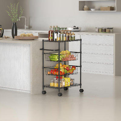 Rolling Utility Cart 4-Tier Storage Cart with Handle Bar & 2 Removable Baskets Bathroom Storage for Kitchen, Dining Room, Living Room, Bathroom, Black