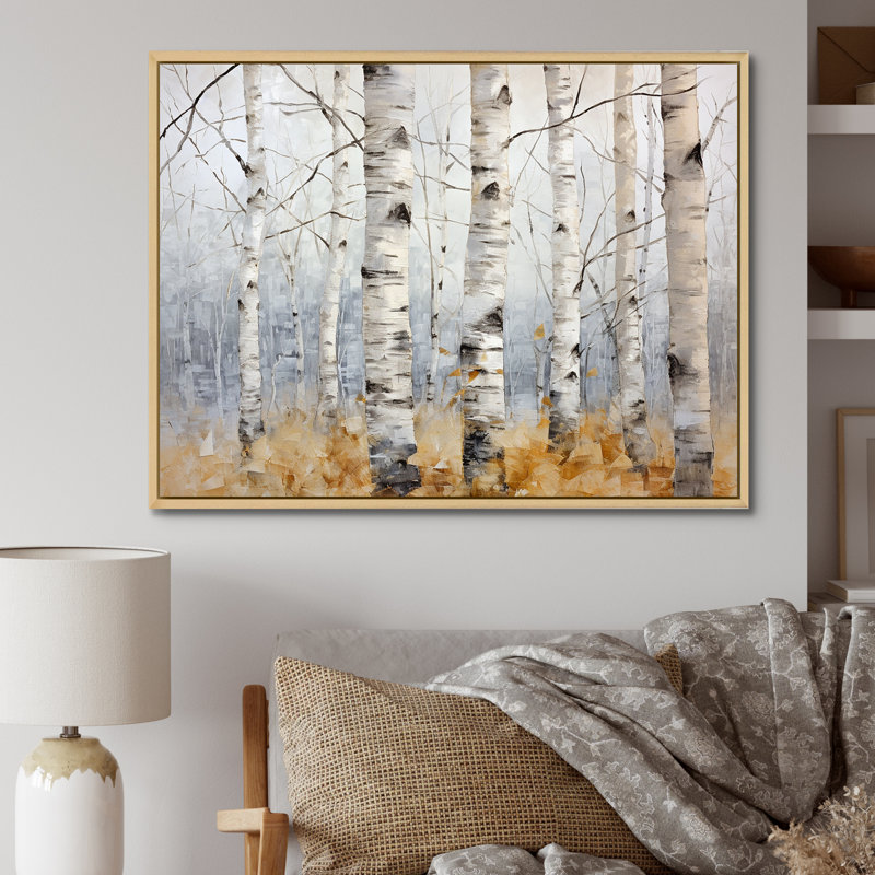 Minimalisme, arbre, bouleaux, souffle III, sur toile, Cadre photo argenté, H 24 po x l 32 po