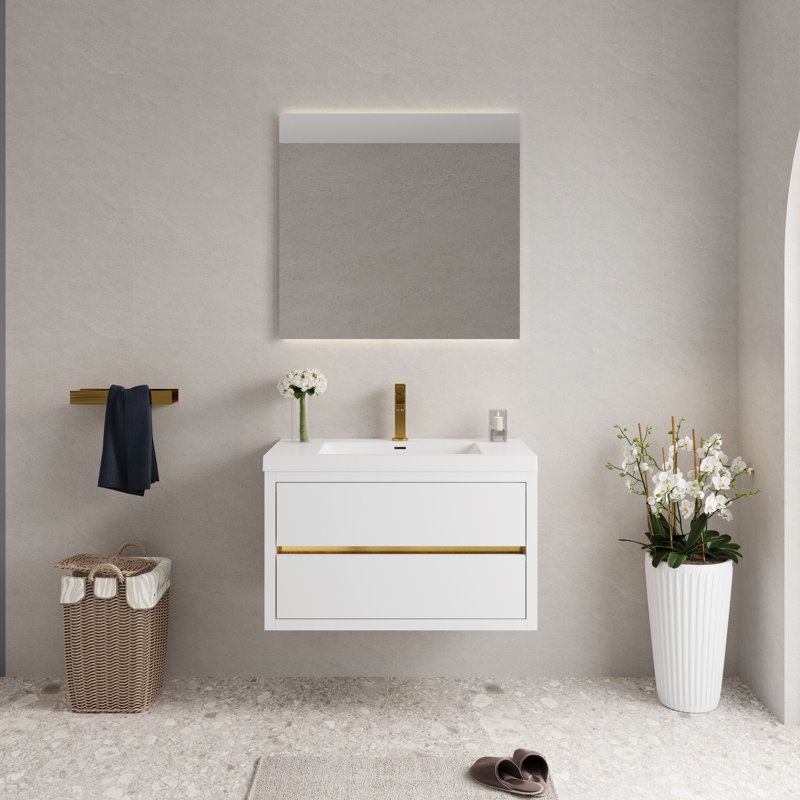 Meuble-lavabo de 36 po, rangement spacieux, fabrication de qualité, armoire de rangement d'apparence blanc brillant, comptoir en résine de pierre,