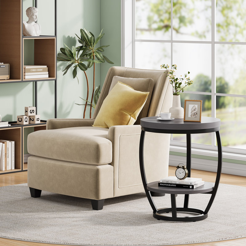 Round End Table with Storage Shelves, Space-Saving Side Table for Sofa or Bedside, Metal Frame with MDF Top, Small Accent Table for Living Room and Bedroom, Gray Brown & Black
