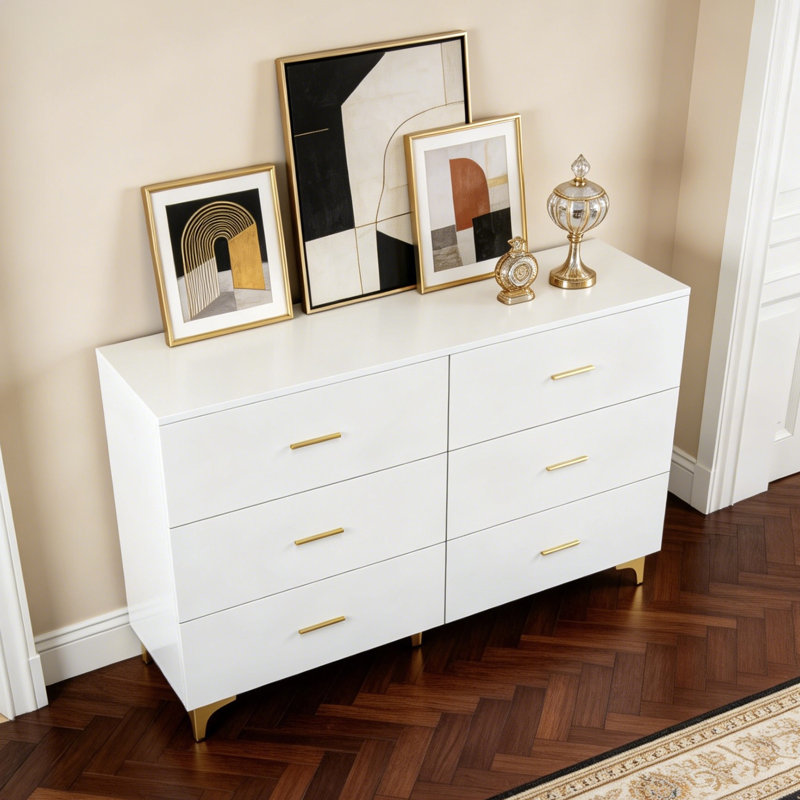 Modern White Dresser with Gold Handles & Legs 47" Luxury 6 Drawer Chest, Double Dresser for Bedroom Storage, Glam White and Gold Furniture Organizer, Bedroom Dresser for Clothes & Accessories