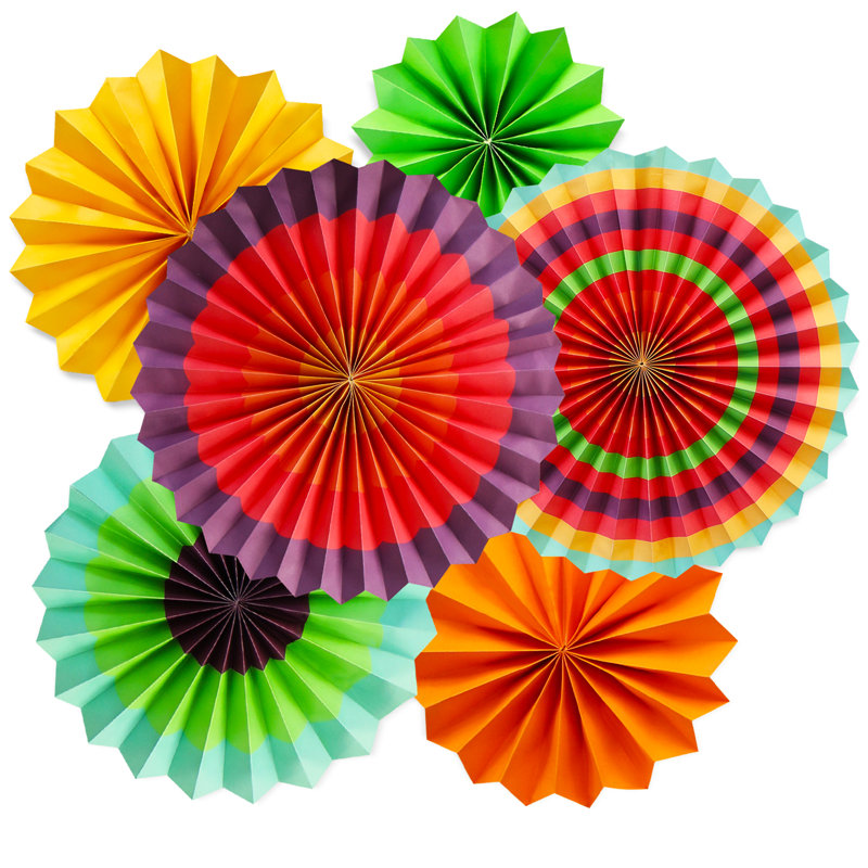 Ensemble de 6 ventilateurs suspendus aux couleurs vives sur fond de papier coloré
