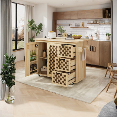 Îlot de cuisine mobile 53,2 "à damier avec tablettes de rangement intégrées, prises électriques, 3 tiroirs et 2 armoires
