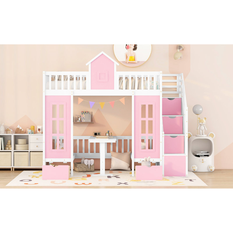 Lit superposé avec bureau convertible Twintwin, Rose