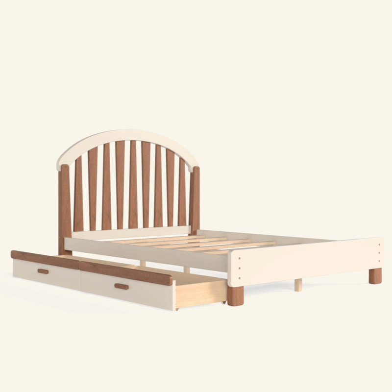 Lit plateforme avec tiroir de rangement, cadre de lit en bois avec tête de lit ronde, aucun sommier nécessaire, Full / Double