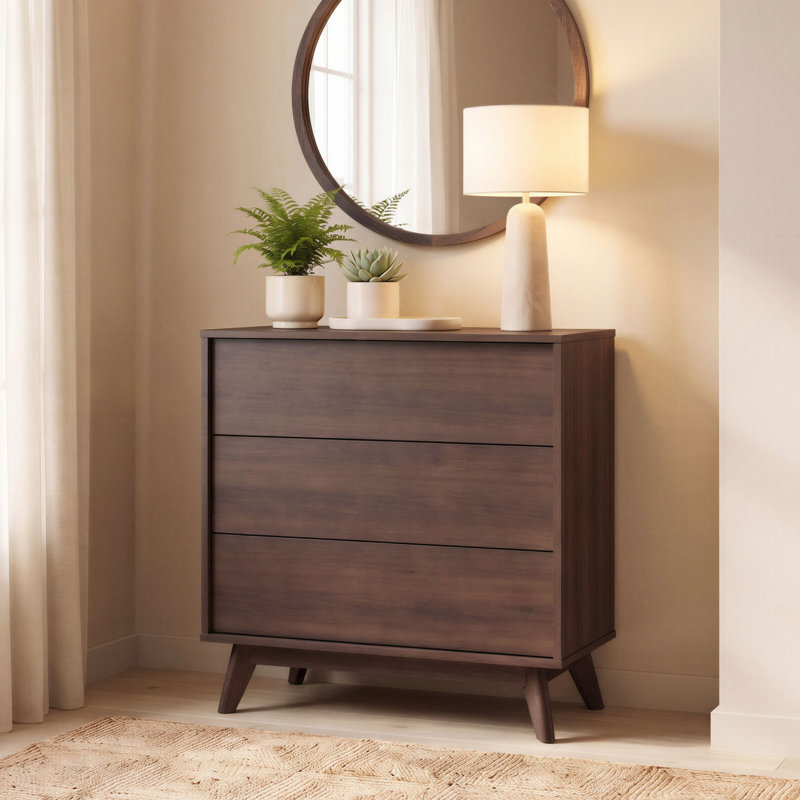Venne 3 Push-Open Drawer Wood Effect  Chest of Drawers - Modern Mid-Century Design, Walnut
