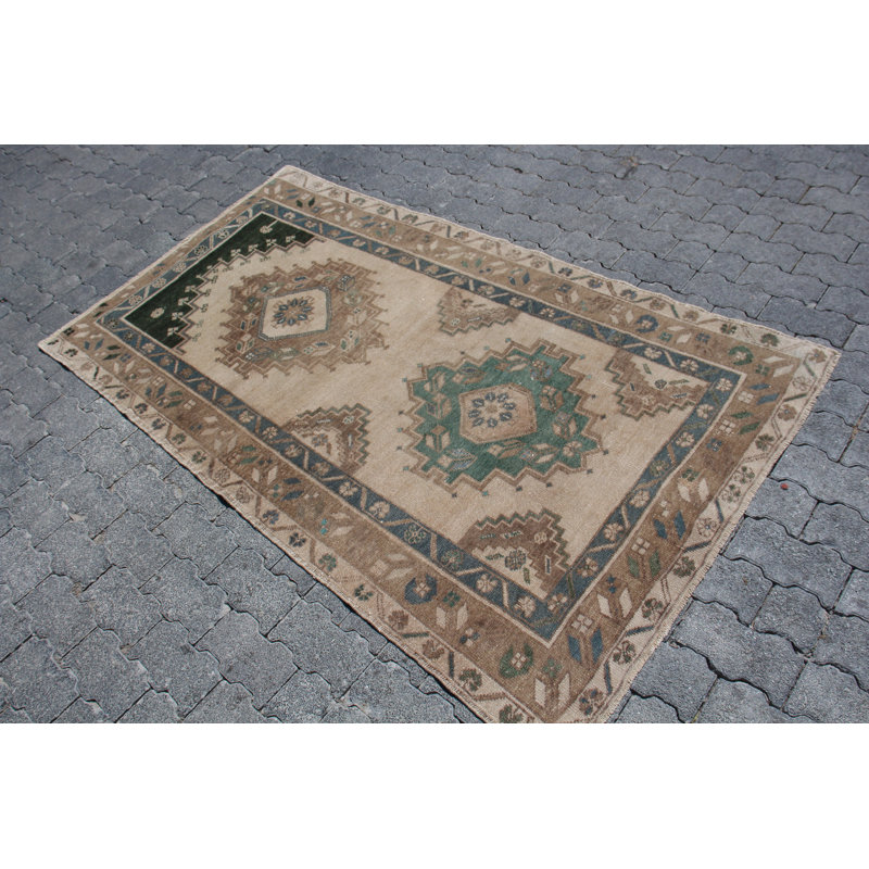Vintage Oushak Style Beige Wool Turkish Rug Perfect for Living Room Boho Decor and Accents