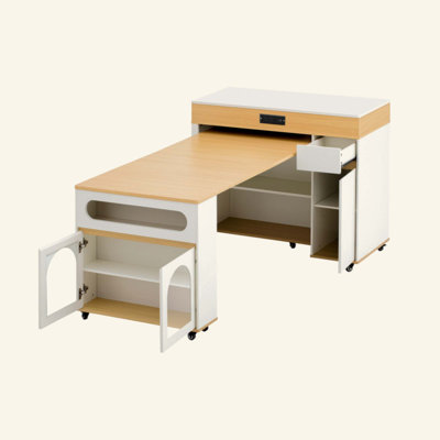 Extendable Dining Table with Extra-Long Folding Top, Rolling Kitchen Island with Drawers, Power Outlet and Brake lock, Storage Cabinet for Kitchen and