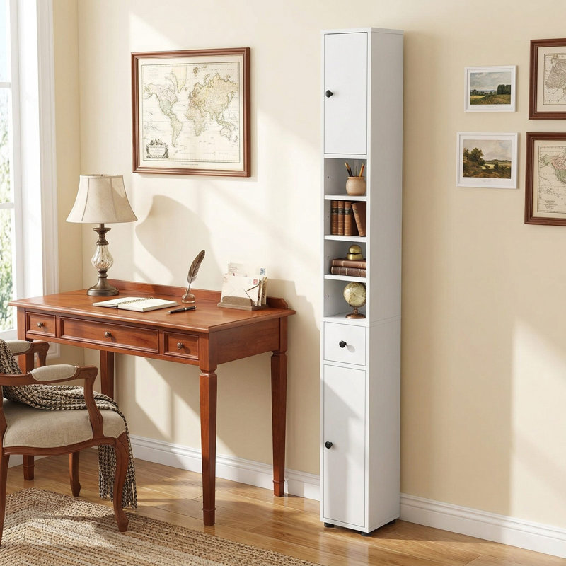 Armoire de rangement autoportante mince et résistante à l'eau avec tiroir coulissant et tablettes de rangement réglables personnalisables pour la salle de bain