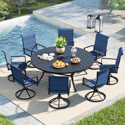 Patio Dining Set with 60" Metal Round Dining Table and 8 Padded PVC-coated polyester Swivel Chairs
