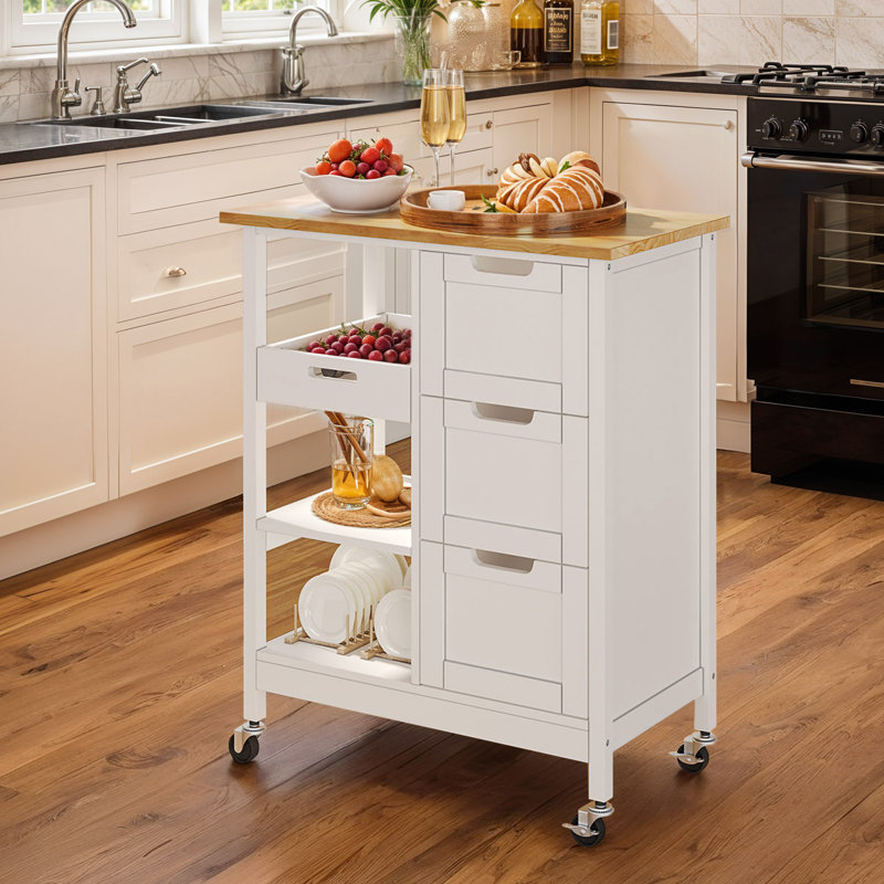 Baveline 27"x15" Classic Kitchen Cart, Kitchen Rack on Wheels with Solid Wood Top, Drawers and Multifunction Racks
