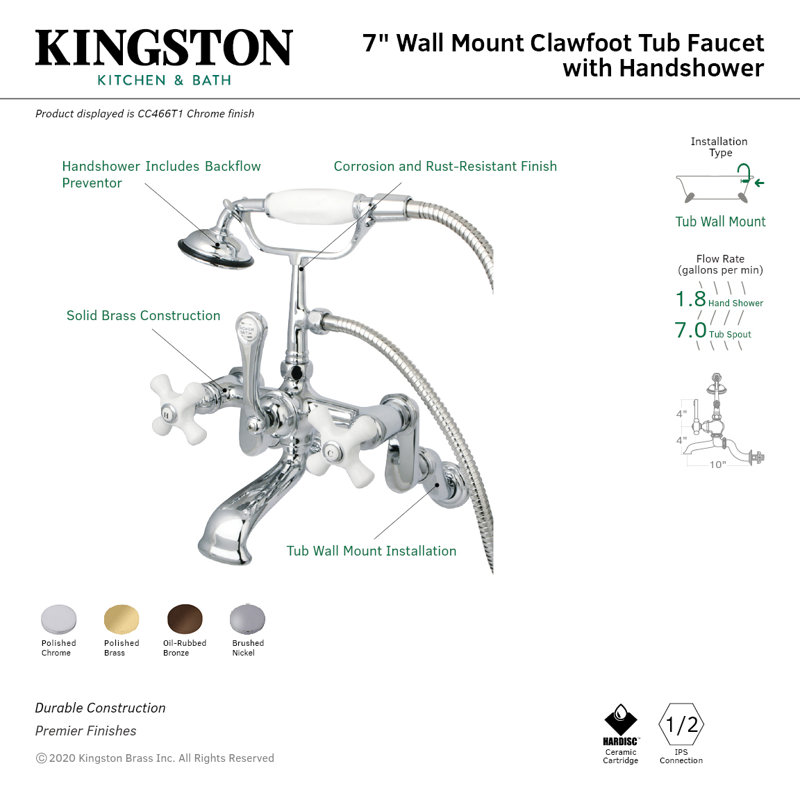 Kingston Brass Vintage Three-Handle 2-Hole Tub Wall Mount Clawfoot Tub Faucet with Hand Shower, Polished Chrome