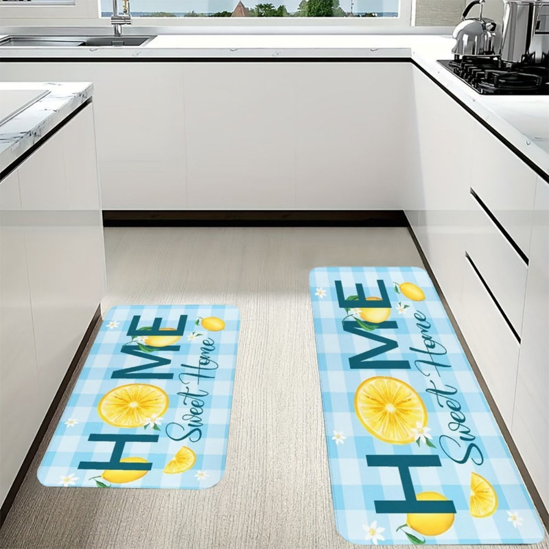 Home Sweet Home Lemon Kitchen Mats for Kitchen & Summer Decor, Blue Yellow 2 Pack