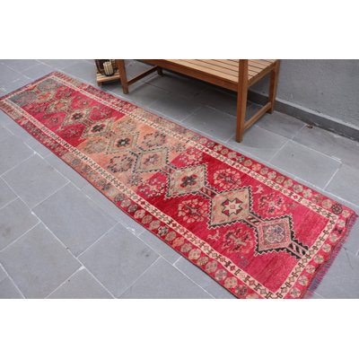 Vintage Turkish Herki Runner Rug in Red - Perfect for Hallways with Oriental Oushak Style