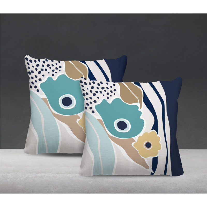 Jeté carré en polyester / mélange de polyester intérieur / extérieur, L 15 po x H 15 po, Turquoise / bleu marine / beige
