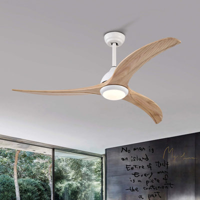 Ventilateur de plafond de 52 po, pales en bois massif avec lumière avec télécommande, moteur réversible silencieux, 6 vitesses, 3 couleurs, pour le salon de patio, la chambre à coucher, intérieur (blanc mat)