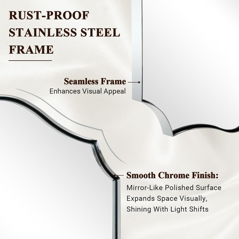 Anayalee Traditional Scalloped Rectangle Bathroom Vanity Mirror | Stainless Steel Frame, 36" x 24", Polished Chrome