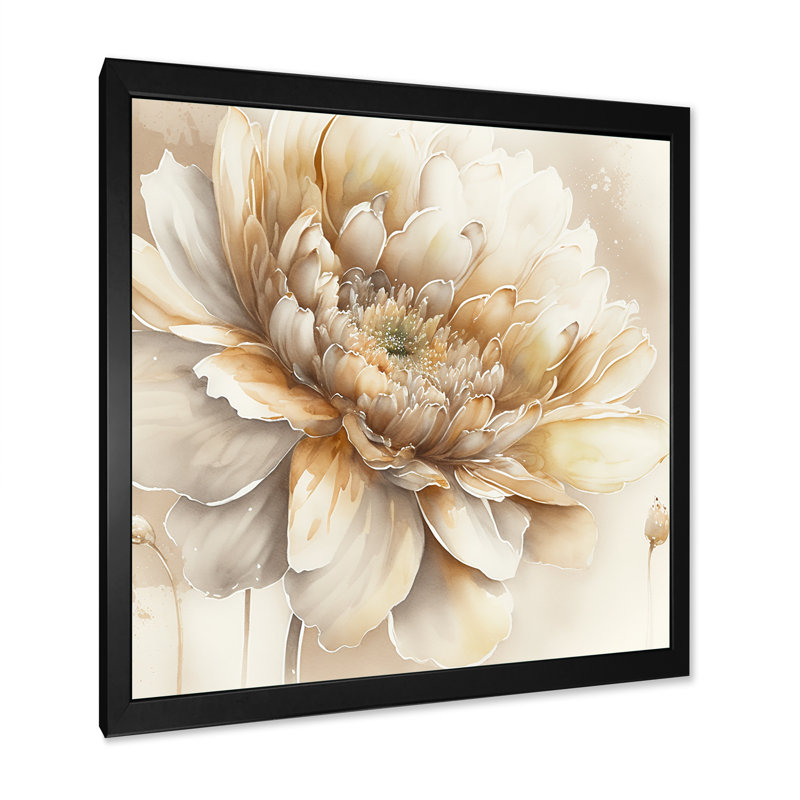 " Single Beige Flower V ", Black Picture Framed, 30" H x 30" W
