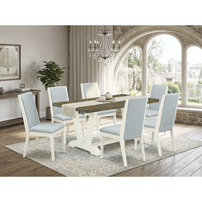 7-Piece Dining Room Table Set Consists of a Cement Wood Table and 6 Dark Shitake Linen Fabric Dining Chairs with High Back - Wire Brushed Linen White.