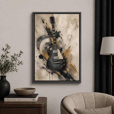 Illustration d'une guitare électrique foncée avec des accents de pinceau audacieux, photos de chambre d'adolescent contemporain, impression sur toile encadrée