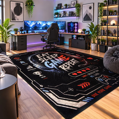 Player One HUD, Gaming Area Rug, Black, Non-Slip Backing