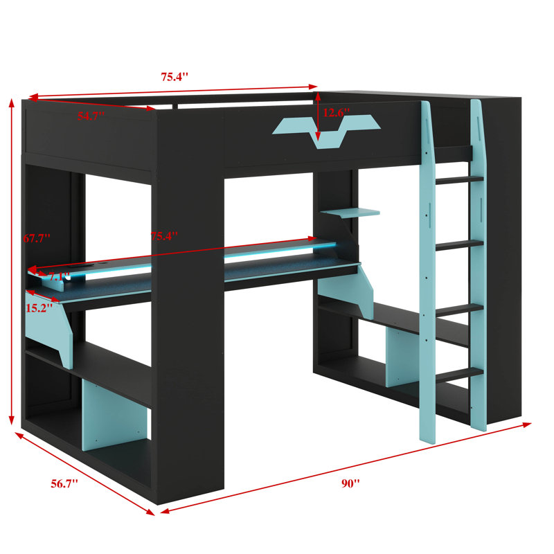 Full Size Wooden Loft Bed With Power Socket & USB/Type-C Connectors, Built-In Cable Organizer, And RGB Lighting, Black/Blue