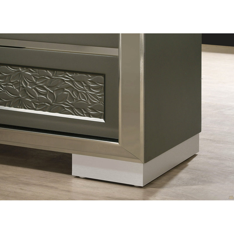 Commode de style contemporain à 5 tiroirs avec support à 5 tiroirs et feuillets sur fond gris foncé