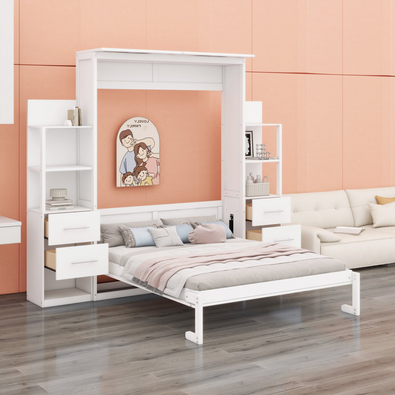 Grand lit escamotable mural avec supports, tiroirs et éclairage, Blanc