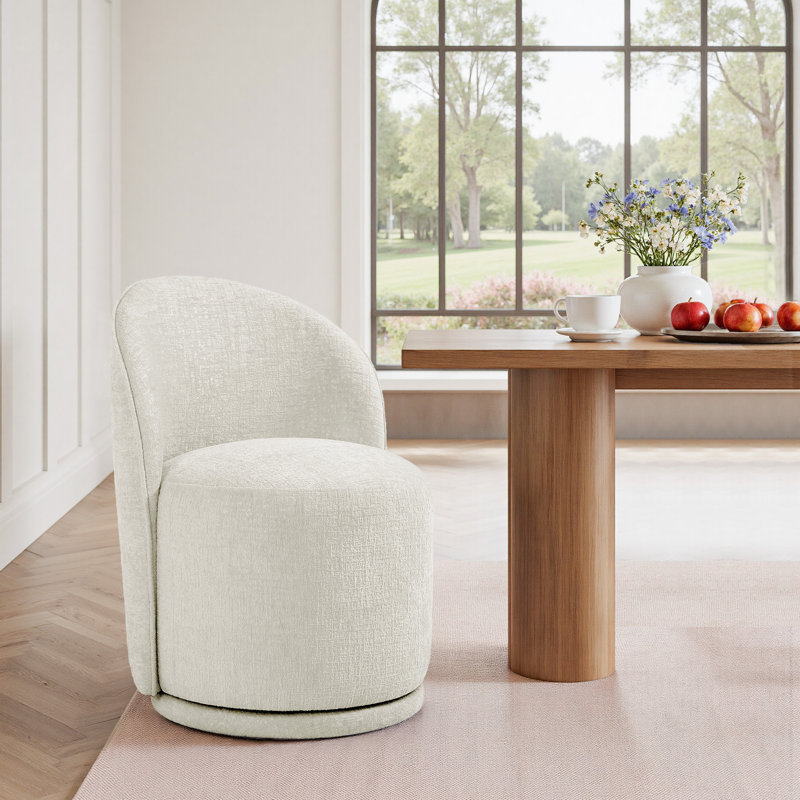 Upholstered Modern Light Sand Chenille Barrel Swivel Side Dining Chair, Light Sand Chenille
