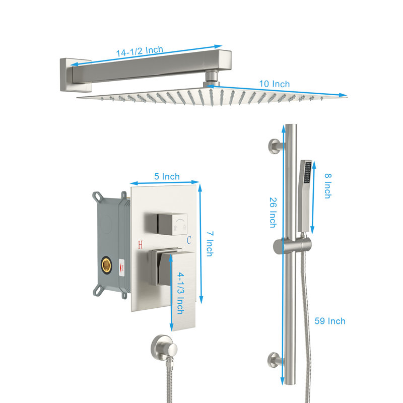 10 Inch Ceiling Mount Dual Rain & Hand Shower System Dimension Diagram
