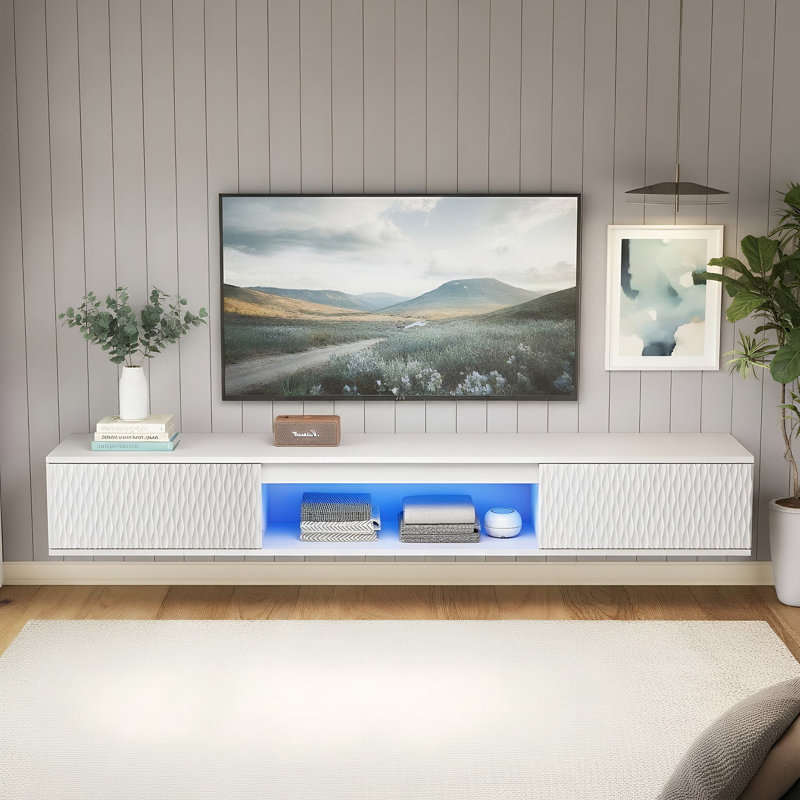 Meuble télé moderne flottant avec rangement mural de 63 po pour meuble télé de 70 po ou moins, Blanc
