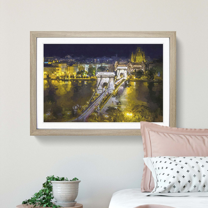 Chain Bridge in Budapest Hungary in Abstract - Picture Frame Graphic Art Print, Oak Framed, 36cm H x 48cm W x 2cm D