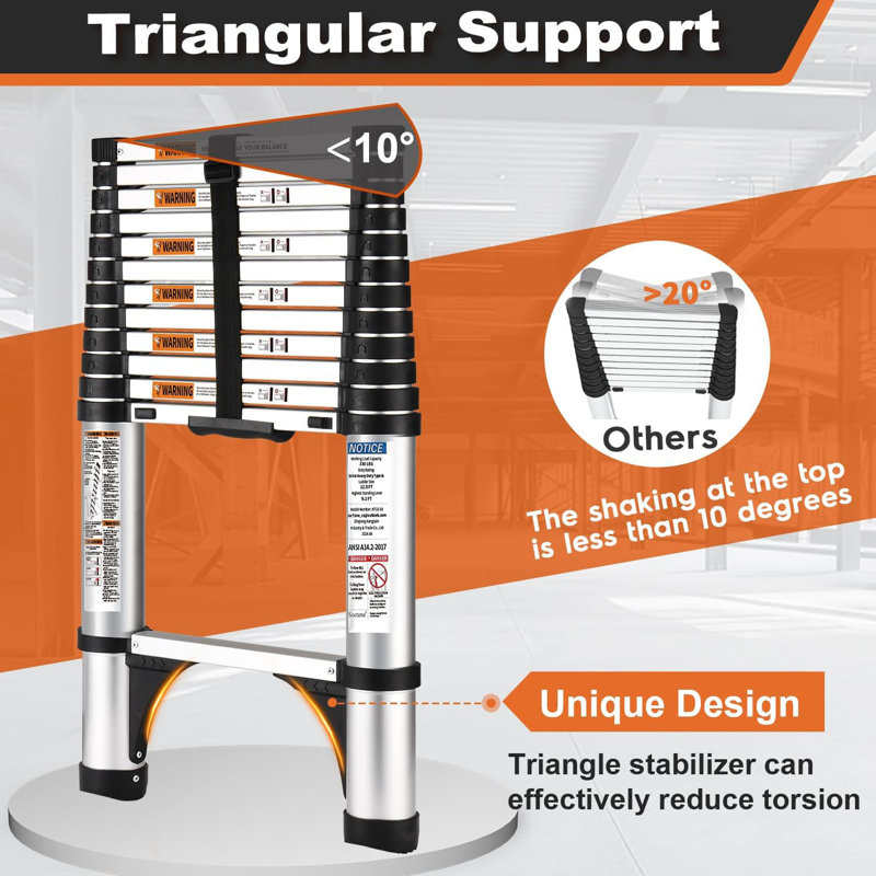 Telescoping Ladder, 12.5 FT Aluminum Button Retraction Extension Ladder With 2 Triangle Stabilizers, Multi-Purpose Ladder With Slow Down Design, 330Lbs Max Capacity For House Daily Life