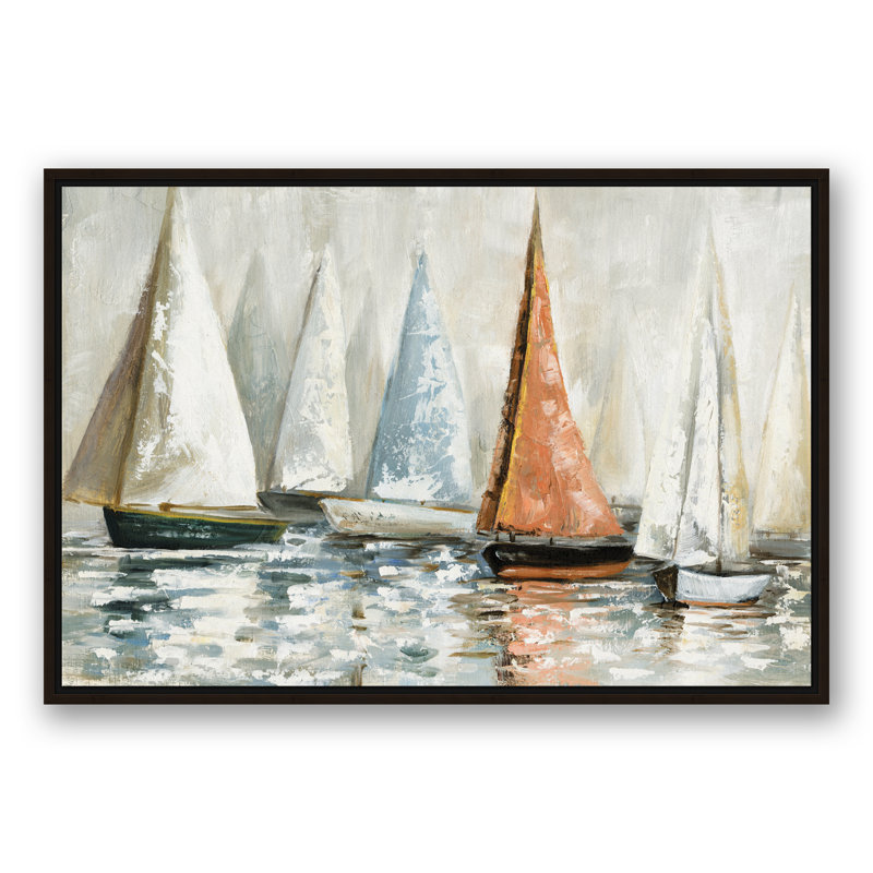 Voiliers en sourdine sur l'eau - peinture sur toile, Toile brune avec cadre flottant, H 25,75 po x l 37,75 po x P 1,75 po