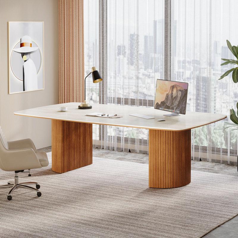 Travertine Slab Computer Desk With Semi-Circular Base In Wax Wood Finish