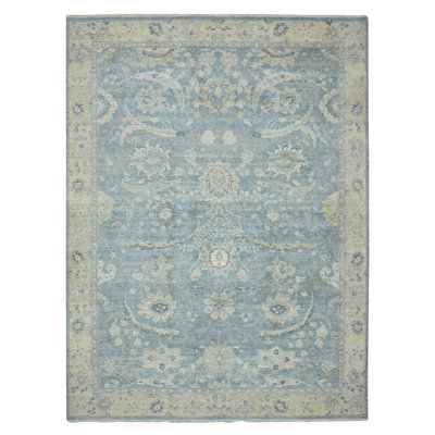 8'9"x12' Ruddy Blue, Zero Pile, Cropped Low and Antique Finish, Hand Knotted, Sickle Leaf Design, Vegetable Dyes, Natural Wool, Oriental Rug