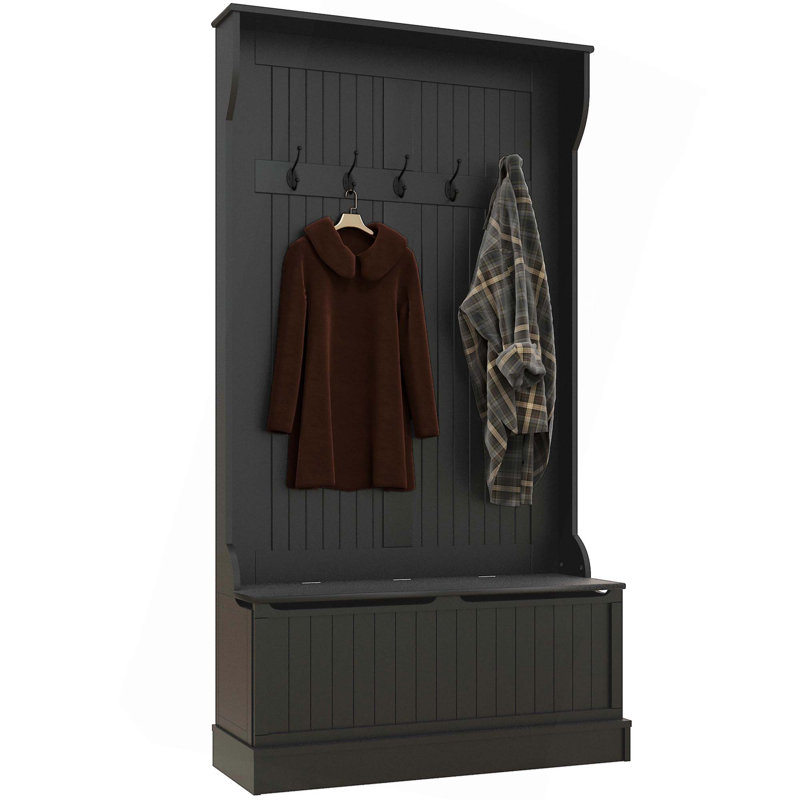 3-In-1 Entryway Hall Tree With Storage Bench,Coat Rack With Five Hooks And Shoe Storage, Black