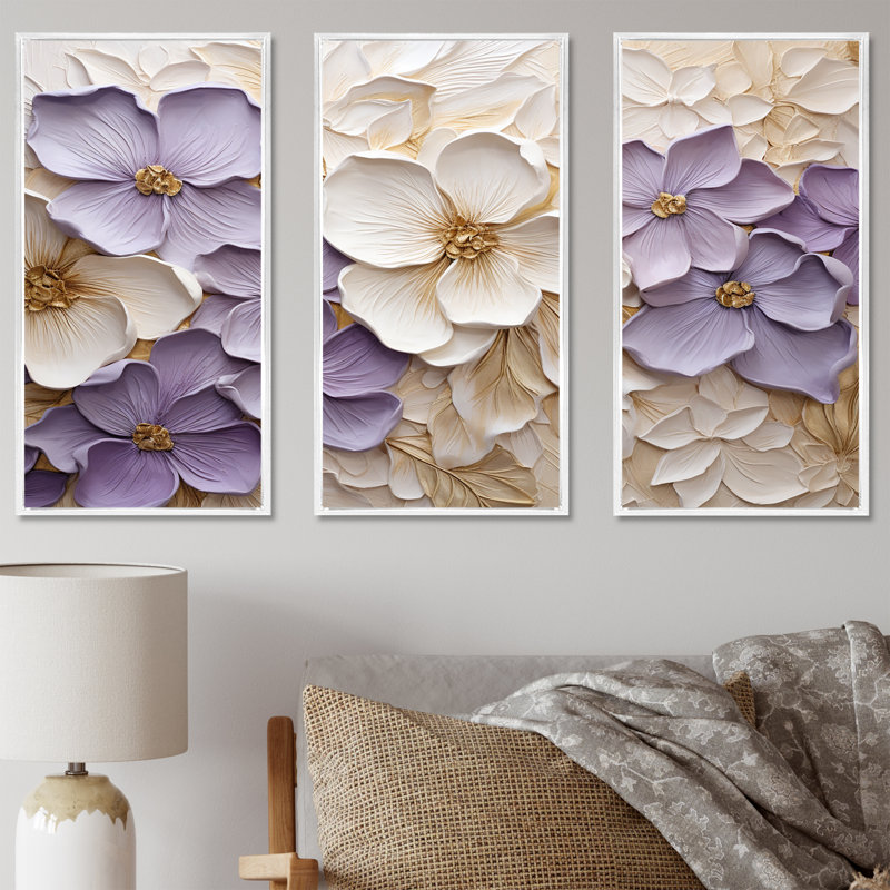 Violet et blanc, minimalisme, violettes - ensemble d'art sur toile, H 28 po x l 36 po x P 1 po, Cadre flottant blanc