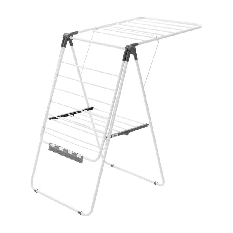 Clothes Drying Rack, 2-Tier Foldable Laundry Dryer Rack with Sock Clips & 21 Drying Rods, Metal Height Adjustable Drying Racks for Outdoor & Indoor, Free-Standing & Space-Saving Hanger, White