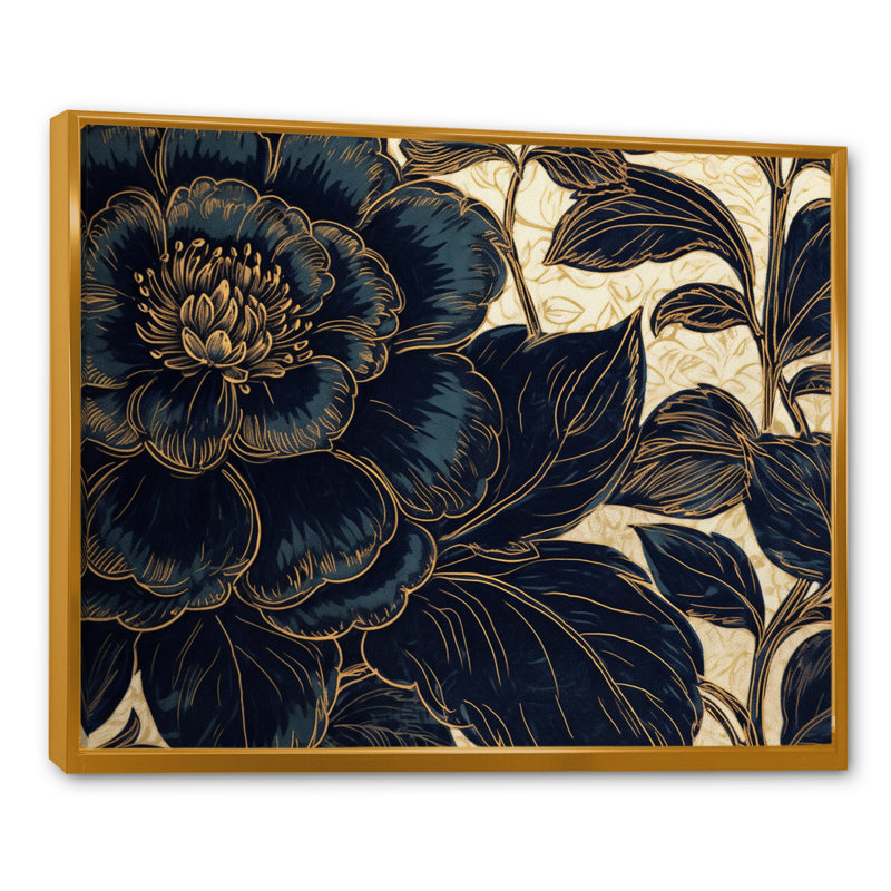 Pivoines bleues dorées, célébration sur toile, H 16 po x l 32 po x P 1 po, Cadre flottant doré