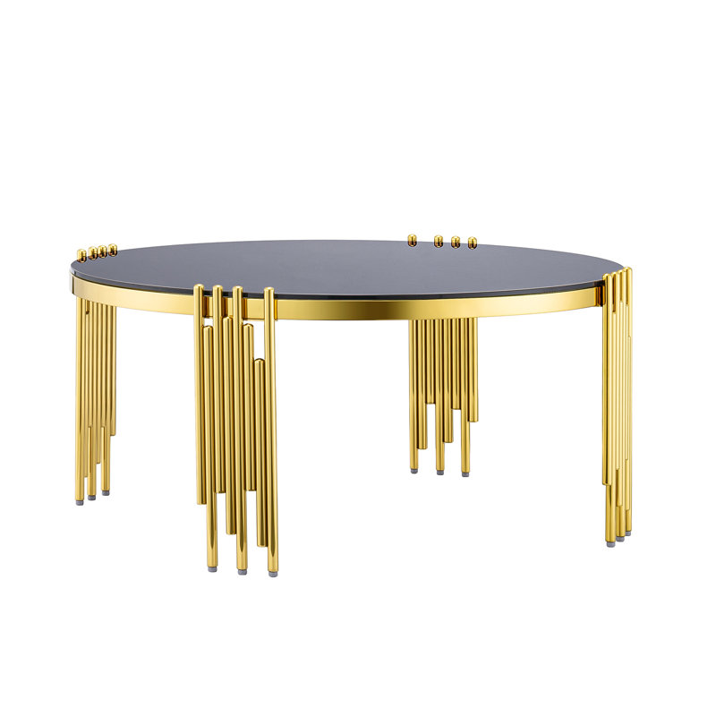 Tarron Round Glass Coffee Table, Black, Gold