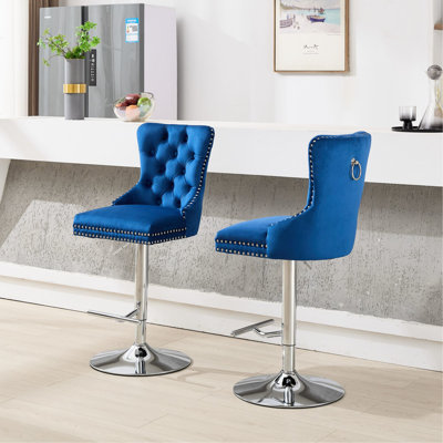 Épais velours bleu pivotant, réglable en hauteur de 25 à 33 po, de 2 boutons, siège à ressorts pour pub et maison avec base de 17,7 po, hauteur réglable, îlot de cuisine à boutons