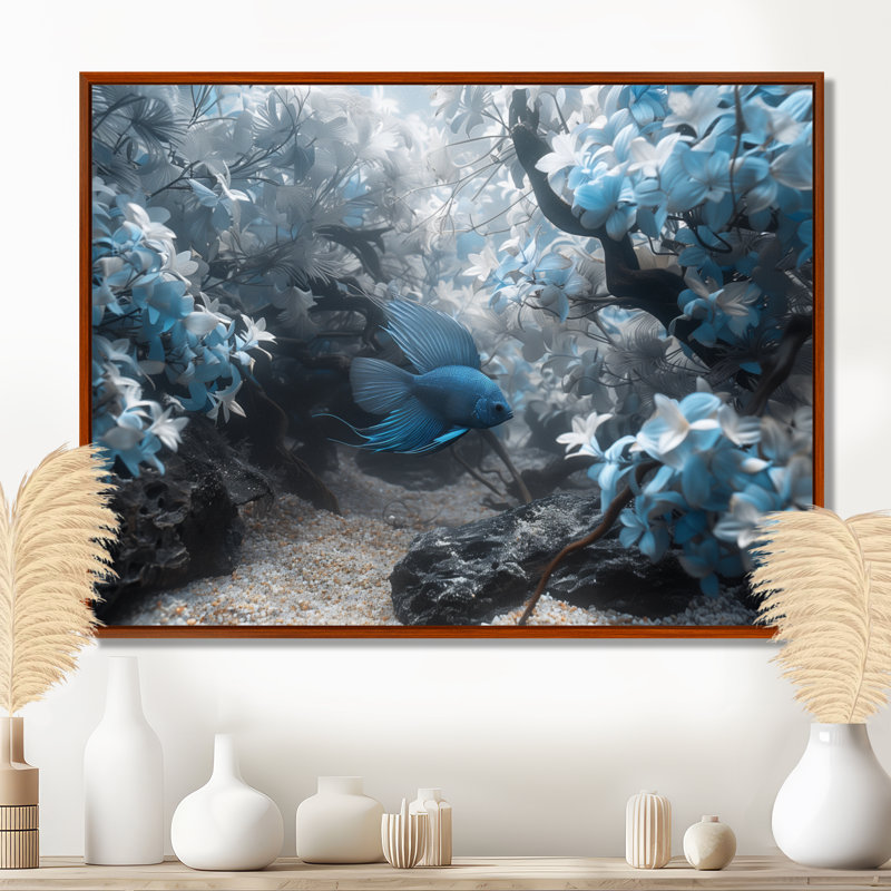 Art mural bleu et gris, oasis de poisson II - aquariums, salon, Gold Floater Framed, H 34 po x l 44 po